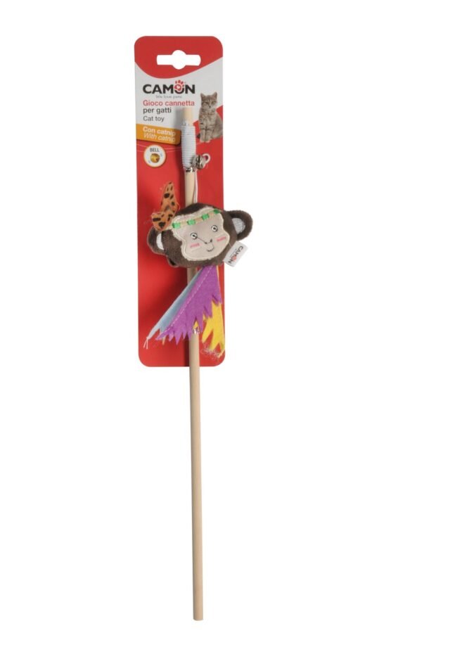 Cat rod in polyester and wood with catnip and bell - Indian theme