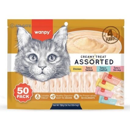WANPY Friandises Crémeuses à Lécher pour Chat 4 Saveurs Assorties 50 pièces de 14g.
