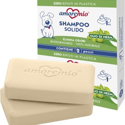 Amore Mio | 2 Shampoings Solides pour Chiens Adultes et Chiots, Extra Doux, Sans Parabènes ni Sulfates, Biodégradables et 100 % Naturels, Parfum à l’Huile de Neem, Résistants aux Mauvaises Odeurs