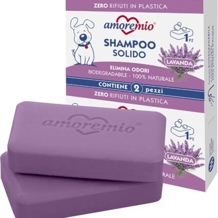 Amore Mio | 2 Shampoings Solides pour Chiens Adultes et Chiots, Extra Doux, Sans Parabènes ni Sulfates, Biodégradables et 100 % Naturels, Parfum Lavande, Formule Élimine-Odeurs
