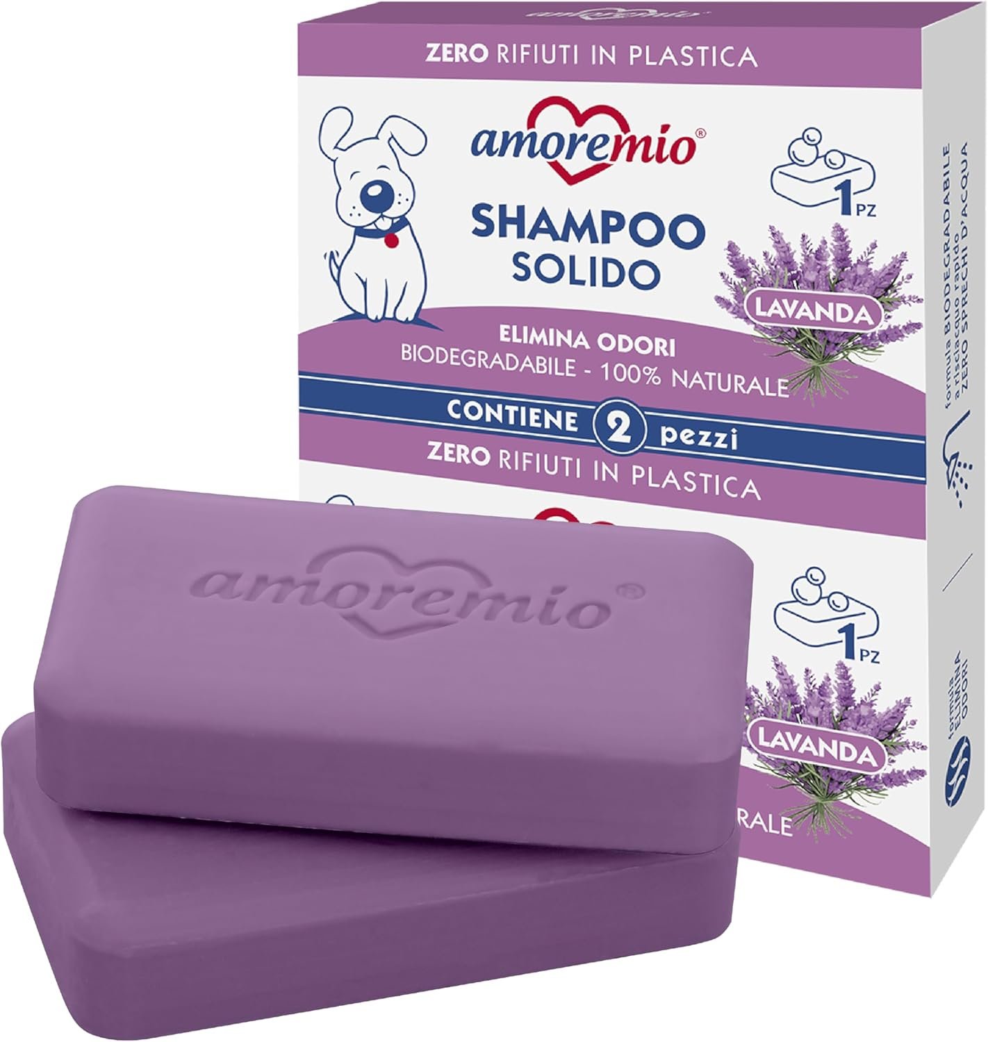 Amore Mio | 2 Shampoings Solides pour Chiens Adultes et Chiots, Extra Doux, Sans Parabènes ni Sulfates, Biodégradables et 100 % Naturels, Parfum Lavande, Formule Élimine-Odeurs