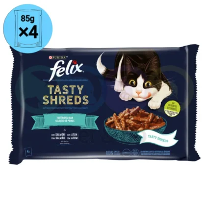 Pate pour Chat Felix Tasty Shreds –  (Thon ; Saumon) – 4×80 g